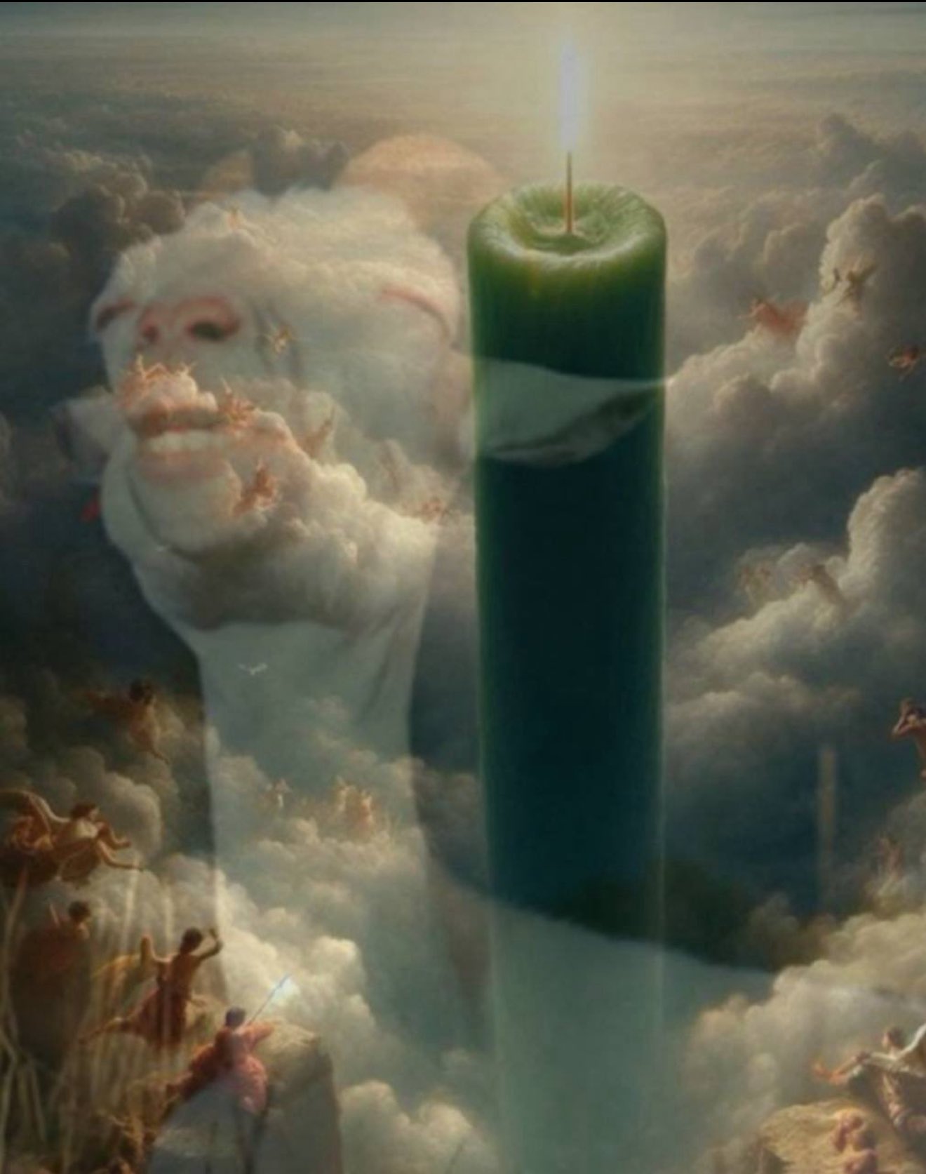 Surreal painting of a cloud goat face beside a giant green candle