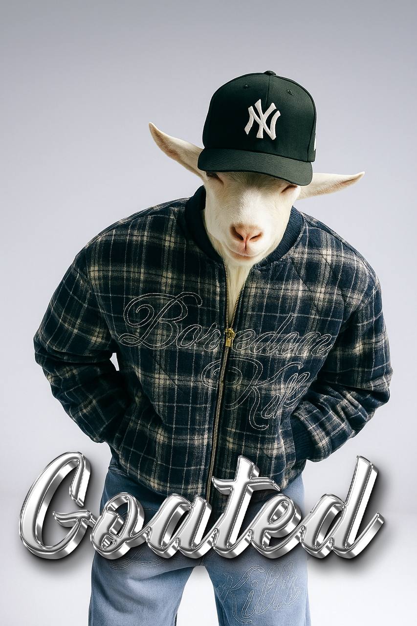 Goat wearing a black NY fitted cap and a plaid bomber jacket
